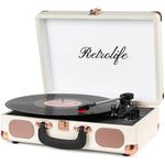 Record Player 3-Speed Bluetooth Suitcase Portable Belt-Driven Vinyl Record Player with Built-in Speakers RCA Line Out AUX in Headphone Jack Vintage Turntable White