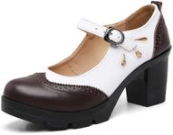 DADAWEN Women's Leather Classic Mary Jane Ankle Strap Round Toe Mid Heel Platform Pumps Oxfords Dress Shoes Brown/White US Size 8