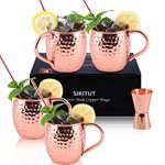 SIKITUT Moscow Mule Copper Mugs Set of 4, 100% Handcrafted Copper Cups, 16 oz Gift Set with Bonus: 4 Cocktail Copper Straws and 1 Jigger