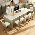 MAISON ARTS Off White & Gold Counter Height Bar Stools with Back Set of 6 for Kitchen Counter 24 Inch Modern Upholstered Faux Leather Barstools Farmhouse Bar Chairs Luxury Island Stools Support 330LBS