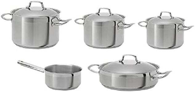 Teka - Batería de Cocina, de 9 Piezas de Acero Inoxidable Apto para Todo Tipo de Placas, Base de 3 Capas de 0,63 cm de Espesor, Cazuelas, Cazo y Tapas de Distintas Capacidades, Color Acero Inoxidable