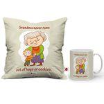 Indigifts Best Gift for Mom Mothers Day Birthday Anniversary Grandma Hugs & Cookies Grey Printed Small Cushion 12X12 with Filler Ceramic Mug Set of 2 Everyday Home Decor Gifting