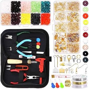 Swpeet 1253Pcs Jewelry Making Supplies Kit with Jewelry Making Tools, 3 Colors Jewelry Pliers and Jewelry Wires, 20 Styles Jewelry Findings and 10 Colors Beads, with Awl Tweezers Thimble Ring Scissors