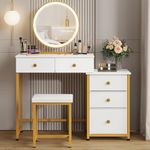 DSAFGGY Vanity Desk with Lighted Mirror, Makeup Vanity with 5 Drawers, 3 Lighting Modes LED Mirror, White and Gold Vanity Table for Bedroom, Dresser Vanity Set with Stool, Gifts for Girls and Women