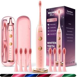 Wagner & Stern WHITEN+ Edition. Whitening electric toothbrush with pressure sensor. Offers 5 brushing modes, 3 intensities, 8 soft brush heads, and a luxury travel case. (Orchid Pink)