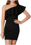 WDIRARA Girl's One Shoulder Ruffle Trim Flounce Sleeve Pencil Party Birthday Dress Black 8Y