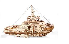 Ugears Tugboat Beginner Model Ship kit | Mechanical Wooden Puzzles for Adults | Decorative Boat Kit for Adults | Classic Wooden Boat Model STEM Projects for Adults | Building Model Ship Projects