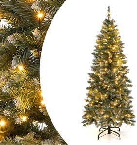 SPOTRAVEL 5FT Pre-Lit Slim Pencil Christmas Tree, Snowy Artificial Xmas Tree with 408 Branch Tips and 200 LED Lights, Hinged Festive Decoration Tree