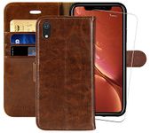 iPhone XR Wallet Case,6.1-inch,MONASAY [Glass Screen Protector Included] Flip Folio Leather Cell Phone Cover with Credit Card Holder for Apple iPhone XR,Brown