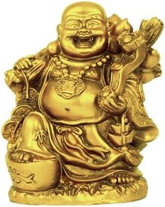 Tied Ribbons Laughing Buddha Statue for Good Luck | Resin, Golden | 5 Inch | Buddha Idol for Home, Living Room, Office, Table, Wealth, Buddha Decor | Feng Shui Buddha Statue Indoor