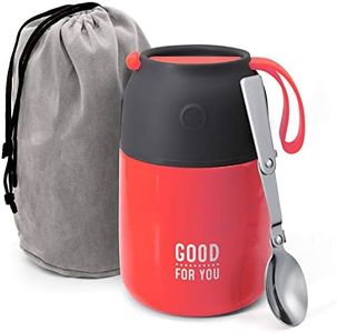 Insulated Food Flask - 530ml Stainless Steel Jar for Hot and Cold Meals – Double-Wall Insulation, Thermal Food Container for School, Office, Travel, Camping - Foldable Spoon, Bag - Red - 24.7 oz