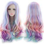 TANTAKO® Women Long Wavy Multi-colored Rainbow Cosplay Wig Heat Resistant Halloween Costume Wig