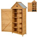 GiantexUK Wooden Garden Shed, Tool Storage Cabinet with 5 Shelves, Galvanised Sloped Roof, Lockable Double Doors, Air Vent & Adjustable Foot Pads, Outdoor Tall Vertical Tool Shed Organizer Natural