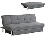 COSTWAY 3 Seater Convertible Sofa Bed, Click Clack Reclining Sleeper Couch with Stainless Steel Legs, Fabric Tufted Upholstered Sofa Settee for Living Room Bedroom (with 2 Storage Drawers, Grey)