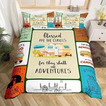 Camping Travel Car Bedding Set Camper Comforter Cover for Kids Boys Girls Teens Happy Camping Duvet Cover Bedspread Cover Decor Vintage Wooden King Size