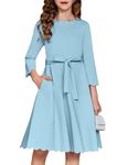 Arshiner Girls' Special Occasion Dresses 3/4 Sleeve Scalloped Edge A-line Belted Dress with Pockets（Light Blue，12-13Years）