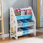 Ansley&HosHo Kids Sling Bookshelf, Children Display Bookcase with 6 Toys Storage Boxes & 2 Book Racks, Boys Girls Canvas Storage Display Rack Organizer Holder for Playroom, Kids Room, Nursery