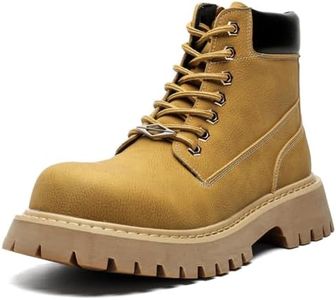 CrazySavage Men's Black Leather Lace-up Platform Combat Boots Wide Toe Side Zipper Chunky Heel Lug Sole Ankle Booties Comfort High Top Waterproof Biker Boots (11,Yellow D)