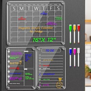 3 Pack Magnetic Acrylic Dry Erase Boards for Fridge – Monthly Calendar, Weekly Planner, to-Do List, Clear Reusable Whiteboard Set with 6 Color Markers for Refrigerator Organization