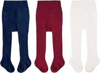 CozyWay Cable Knit Cotton Leggings/Tights for Toddler Girls, 3 Pack, White/Navy Blue/Burgundy, 2-4 Years Old