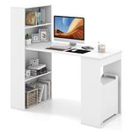 IFANNY 48 Inch Computer Desk with Storage, Reversible Study Writing Desk with 4-Tier Shelves & CPU Stand, Compact Office Desks & Workstations, White Desk for Bedroom, Kids Room, Study (White)