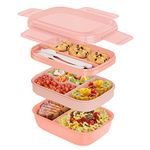 Bento Box Adult Lunch Box, Stackable Lunch Box Containers for Adults Kids, Salad Bowls, 3-Layer 1.9L Food Containers with 3 Cutlery, for Work School Picnic, 8.5"×5.7"×3.9"(Pink)