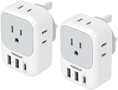 US to UK Plug Adapter 2 Pack, TESSAN Type G Adapter with 4 Outlets 3 USB Charger(1 USB C Port), Power Adaptor for USA to Ireland Scotland Dubai Hong Kong England British Kenya London