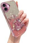 Elzzi Compatible with iPhone 16 Case Rhinestone Swan Cover, Sparkling Moving Glitter Cute Bling with Full Camera Lens Protection Shockproof PC+TPU Glossy Shiny Cases for Girls Women, Pink