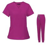 Meichoon Scrubs for Women Set V-Neck Stretch Short Sleeve Top with 3 Pockets Elastic Waistband Stretch Yoga Jogger Pants DK09 Rose Large