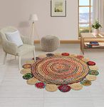 GRUHUM Round Jute Cotton Area Rug 8ft Natural Fiber Colourful Reversible Handmade Boho Farmhouse Rustic Vintage Soft Braided Rug for Indoor Outdoor Kitchen Bedroom Living Hallways Enterways Circle