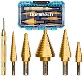 DURATECH 6-Piece Step Drill Bit Set with Automatic Center Punch, 50 Sizes in 5 High Speed Steel, Titanium Coated, Double Flute Cutting Blades Step Drill Bits for Metal, with Storage Case