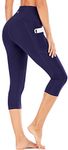 IUGA Capri Leggings with Pockets High Waist Cropped Trousers Yoga Pants for Women Running Active 3/4 Length leggings for Workout Exercise & Fitness Darkblue