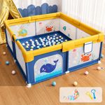 Dawnwake Playpen 150x180cm for Baby 0-5 Years with Safety Lock, Playard with 5-10 Ocean Balls and 2 Grasp Rings (No Mat, Non-Foldable) - Blue