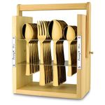 Parage 25 Pieces Stainless Steel Cutlery Set with Wooden Hanging Stand (Contains: 6 Tea Spoons, 6 Table Spoons, 6 Table Forks, 6 Dinner Spoon, Stylish Premium PVD Gold Spoon Set, Hanging Shelves)
