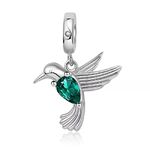 FeatherWish Sterling Silver 925 Charm Humming Bird Animal Travel World Pendant Dangle With Green Cubic Zirconia Fits And Compatible With Pandora Bracelets Gift Birthday Friend Wife Sister Mum