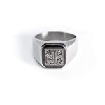 Stainless Steel Letter J Alphabet Initial Floral Box Monogram Engraved Square Flat Top Biker Style Polished Ring, Size 9