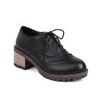 Yawors Womens DC497 Lace Up Platform Low Top Black Microfiber Low Chunky Brogue Court Shoes - 6 UK