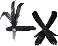 VIKSAUN 2 Pieces 1920s Flapper Headband Accessories Set, Vintage Flapper Feather Headband, Black Long Gloves, Feather Headband, Costume Prom Wedding Carnival Party, 20s Hair Accessories (2 Pieces)