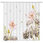 dachengxing Lotus Shower Curtain Autumn Season Flower Asian Style Decor Dragonfly Flying Over Withered Lotus Leaf Buds Waterproof Gray Pink Fabric Hooks Included 70x70 Inch