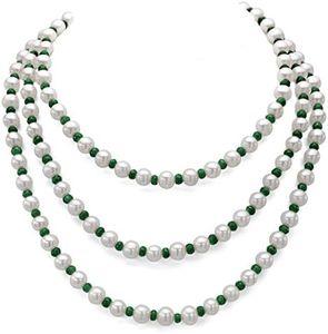 7-7.5mm White Cultured Freshwater Pearls with 4-5mm Green Emerald Gemstone Endless Strand Necklace, 50"