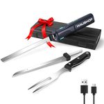 HAUSHOF Cordless Electric Carving Knife Set - 8V Rechargeable with 2 Stainless Steel Blades & Fork - Essential for Thanksgiving Turkey, Sunday Roast, Ham & Bread - Grey