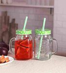 HOME CRAF® 450 Ml Set of 2 Glass Mason Jar with Lid & Straw | Coco | Mason Jar with Lid and Re-Usable Straw Mugs for Juice | Moctail | Shakes | Drinks with Handle(RENDOM Color)