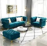 Woodie Techie Art Modern Velvet 3+1 Seater Sofa Set with Ottoman Stool for Bedroom, Living Room, Dining Room, Drawing Room, Home Office (Teal Green, 3+1 Seater)