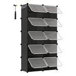 SONGMICS Interlocking Shoe Rack, Plastic Shoe Storage Cabinet, 10-Slot Modular Storage Organiser Unit, 30 x 40 x 30 cm for Each Slot, with Doors, Steel Frame, Plastic Panels, Black LPC035B01