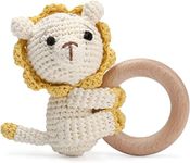 SYCAMORE EAST Wooden Baby Rattle Crochet Fox Baby Toys Handmade Newborn Toy Early Development Grips Stuffed Animal Organic Rattle (Lion)