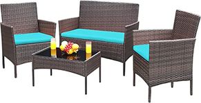 DEVOKO 4 Piece Patio Outdoor Rattan Wicker Chair Conversation Sets, Garden Backyard Balcony Porch Poolside with Soft Cushion and Glass Table(Dark Brown and Turquoise Blue)