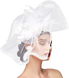 Fascinators Hats for Women Mesh Floral Feather Fascinator Headband for Wedding Cocktail Tea Party or Special Occasion (White)