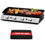 Huge 4 Burner Gas Plancha BBQ Grill with Black Enamelled Griddle, Gas Regulator & Cover, Stainless Steel, 77.5cm x 34.5cm cooking area, 4 x 2.5kw Burners