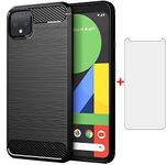 Phone Case for Google Pixel 4 XL with Tempered Glass Screen Protector Cover Cell Accessories Slim Thin Rugged Silicone Rubber Defender Shockproof Pixle 4XL Pixel4XL 4LX LX Cases Women Men Black