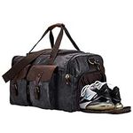 BRASS TACKS Leathercraft Men's Waxed Canvas Vintage Overnight Duffel Weekend Bag with Shoes Compartment (Grey)